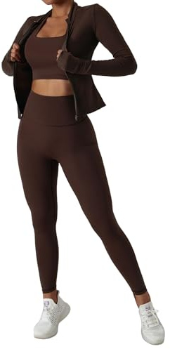 3-teiliges Trainingssatz für Damen, Sport BH, Leggings und Jacke mit Daumenlöchern, Yoga Outfit, Activewear für Gym, Laufen, Training