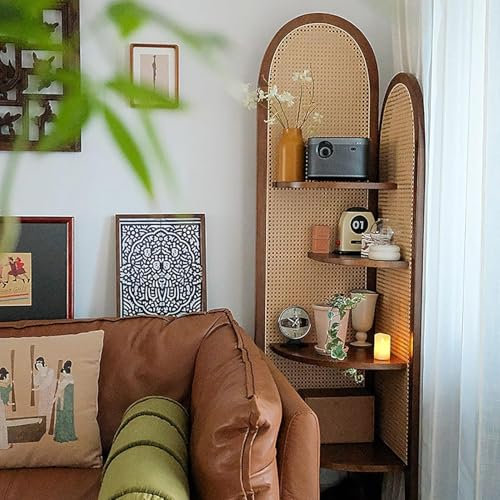 DZYHFCO Rattan & Wood 4-Tier Corner Screen Bookcase - Stylish Freestanding Storage Shelf, For Living Room & Home Office - Space-Saving Solution(B)