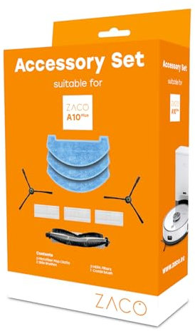 ZACO A10 Plus original Zubehör Set für Saugroboter mit Wischfunktion und Absaugstation, Ersatzteile inkl. HEPA Filter, Seitenbürsten, Wischtücher & Kombibürste