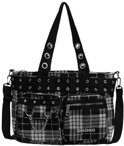 Makukke Borsa Tote da Donna Y2K a Tracolla Grande Gotica con Teschio per Lavoro, Ufficio, Viaggi - Plaid Nero