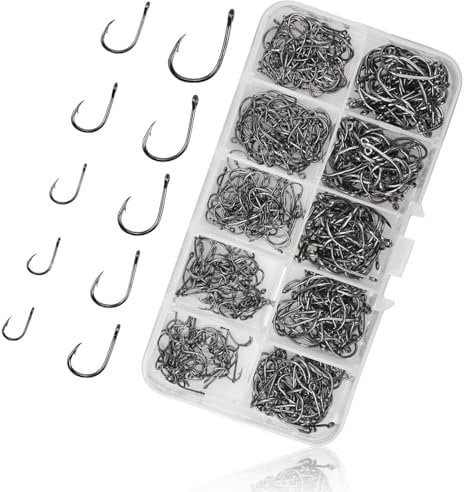 500pcs Fishing Hooks Set Carbon Steel Barbed Fishing Hooks with Eye for Sea Fishing Tackle Freshwater Saltwater Fishing Accessories 10 Sizes with Compartment Box