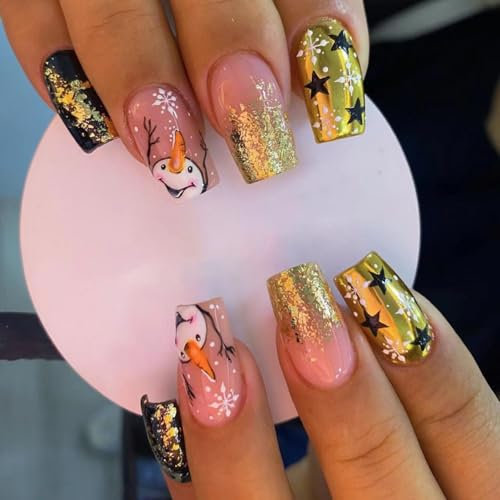 Gold False Short Square Press-On Nails - 24PCS Christmas Set With Glue - Glitter Star Snowman Nail Art - Full Cover Tips for Women