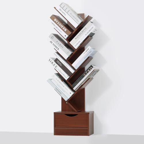 Libreria ad albero a 8 ripiani con cassetto, in legno alto, per piccoli spazi, scaffale da pavimento per libri, CD e decorazioni, design resistente alle punte, mensola rustica marrone per soggiorno,