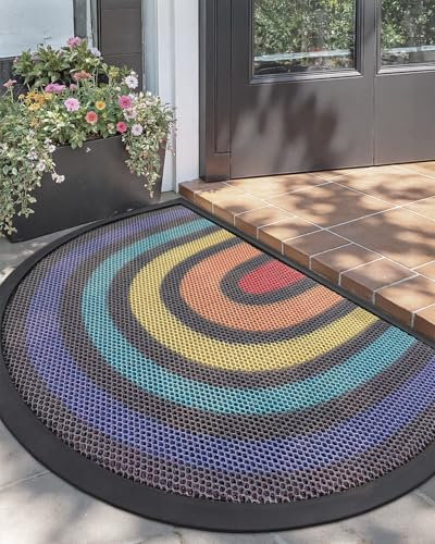 LUMI Outdoor Doormat, Water & Stain Resistant Entryway Mats, Low Profile Non Slip Backing Welcome Mats, Half Circle Rainbow Design Front Door Mat, 18x30, Rainbow