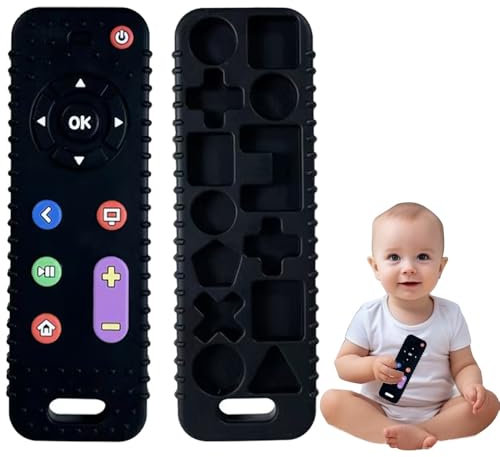 Jouet Dentition Bébé en Silicone, Jouet Bebe 6 9 Mois 1 An Cadeau, Telecommande Bebe Jouets à Mâcher Sensoriels, Jeux d’Eveil pour Naissance 0-3 8 12 Mois, Jouets de Bain pour Garçons et Filles, Noir