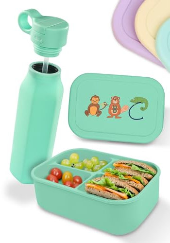 Deine Schulhelden Lunchbox Set - Silikon Kinder Brotdose mit ABC Motiven & Trinkflasche - Bruchfest & Auslaufsicher, BPA-frei, Spülmaschinenfest - 800ml Brotdose & 500ml Trinkflasche (Mint)