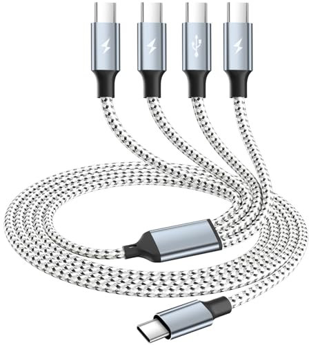 USB C Multi Charging Cable, Dual Type C Cable 1Pack 5FT, USB C Splitter with 4 Type-C Connectors,4 in 1 Multiple Nylon Braided Cable Compatible with iPhone 17 16 15 Pro Max/Galaxy/Tablets/Google.