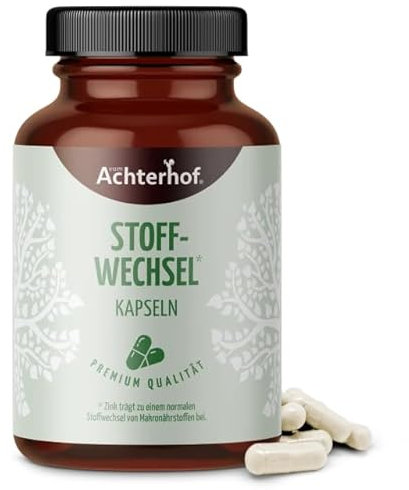Stoffwechsel Kapseln (120 Kapseln) | Funktion aus Cholin, Zink und Chrom | plus Garcinia Cambogia, Guarana-, Grüntee- & Ingwer-Extrakt | für 60 Tage | vom Achterhof