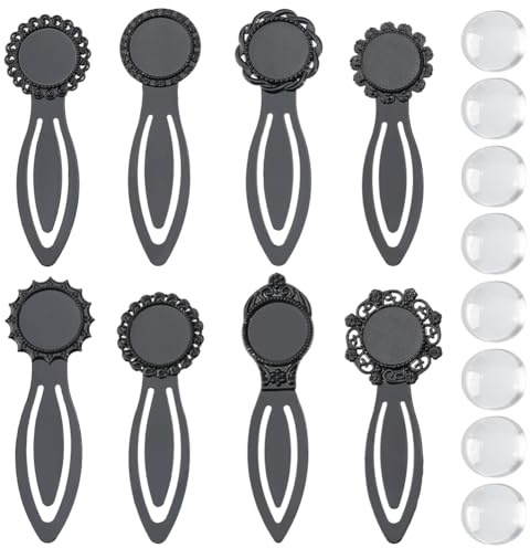 SUNNYCLUE 1 Box 16 Stück DIY 8 Sets Cabochon Lesezeichen Lesezeichen Lünettenfach 8 Stück Lesezeichenrohlinge Mit 8 Stück Glas Cabochons Sonnenblumenblatt Schwarze Metall Lesezeichen Zum Basteln Lesen