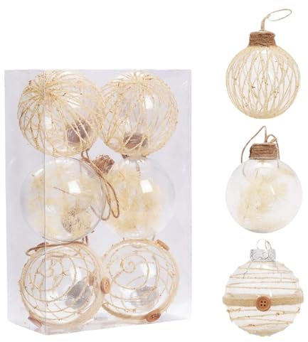 HSTWODE 6 Stück Weihnachtskugel, 8 cm Klare Weihnachtskugeln aus Kunststoff Weihnachtsbaumschmuck Boho Beige Christbaumkugeln,für Klassische Tannenbaum Deko (1#)