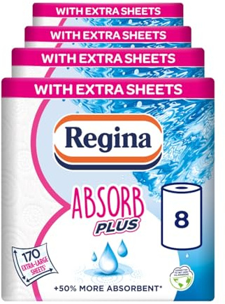 Regina Absorb Plus, 8 Rolls of Kitchen Towel, 2-Ply | 85 Sheets Per Roll, Extra-Large Sheets, 50% More Absorbent Than Previous XXL Products, Easy Open Pack