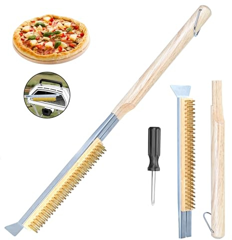 Pizzastein Bürste & Pizza Ofen Bürste mit Edelstahlschaber - Messingborsten Holzgriff (Hängeöse) - Pizzaofen Besen für Grillrost, Outdoor Pizza Besen, Grillbürste Messing & Drahtbürste Grill