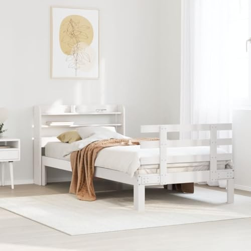 vidaXL Bed Frame with Headboard, Bed Base for Bedroom, Mattress Foundation for Single Bed, Modern Style, White 90x200 cm Solid Wood Pine