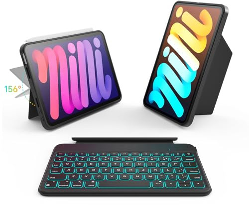 accrosoo Funda de protección completa con teclado desmontable para iPad mini 7 (A17 Pro)/6 de 8.3 pulgadas, para retrato y paisaje ajustable de 156°, 7 retroiluminaciones, soporte para lápices