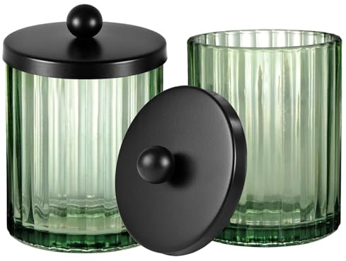 Amolliar Sage Green Glass Apothecary Jar, Qtip Holder Dispenser for Cotton Swabs, Balls, Makeup Pads, Floss Picks, Bathroom Essential Accessories, Countertop Canister Storage Organizer (Black, 2 Pack)
