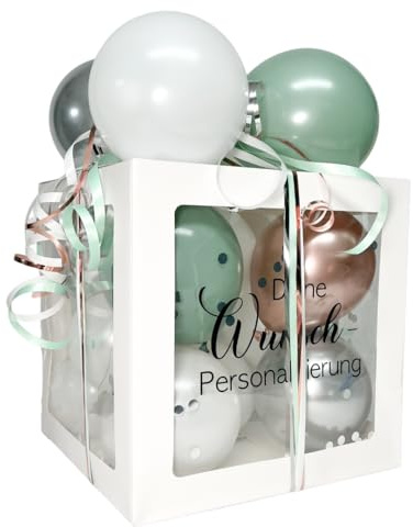 Personalisierte Ballonbox Weiß XL (30 × 30 × 30 cm) – Geschenkbox mit Ballons in Wunschfarbe & Namensaufkleber – DIY Set für Geburtstag, Hochzeit oder Baby (Eukalyptus • Roségold • Silber • Weiß)