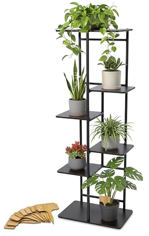 Spetebo Metall Pflanzenständer schwarz mit 5 Ebenen aus Holz - 106 x 35 cm - Blumenregal für Innen inklusive 10 Bambus Pflanzenschilder - Blumenständer Pflanzenregal Deko Regal für bis zu 7 Pflanzen