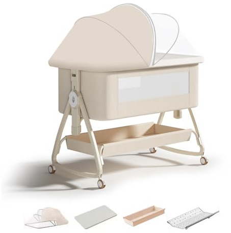 4-in-1-Baby-Kinderbett mit Matratze, 6-fach höhenverstellbares Babybett, abnehmbares Netz, Aufbewahrungskorb und Wickeltisch, kann für 0–3 Jahre in einen Stubenwagen umgestellt werden (Beige)