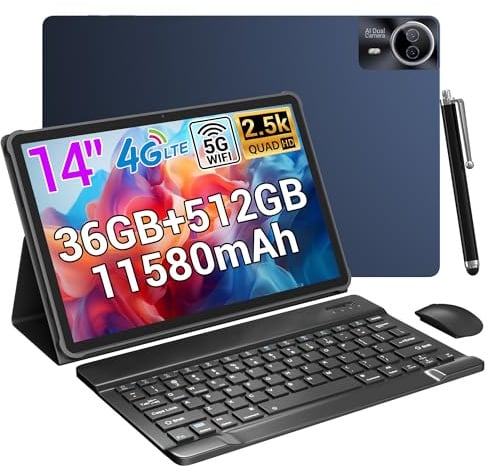 14 Zoll Tablet, 2.5K Display, 36GB RAM + 512GB ROM (1TB erweiterbar), 4G LTE Dual SIM + 5G WiFi, Quad-Speaker/GPS/GMS/Gemini AI/11580mAh/13MP, Android 15 Tablets mit Tastatur/Maus/Hülle/Kopfhörer/Pen