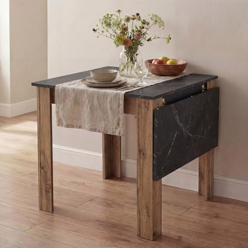 B&D home® LIVIUS Esstisch, ausziehbar 80–120 x 60 cm – moderner Küchentisch in Marmor Optik Eiche, platzsparend mit integrierter Aufbewahrung für Einlegeplatten, Holztisch für Küche & Esszimmer