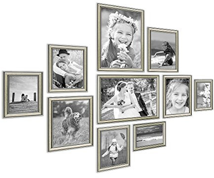 PHOTOLINI 10er Bilderrahmen-Collage Silber Barock Antik aus Kunststoff inklusive Zubehör/Foto-Collage/Bildergalerie/Bilderrahmen-Set