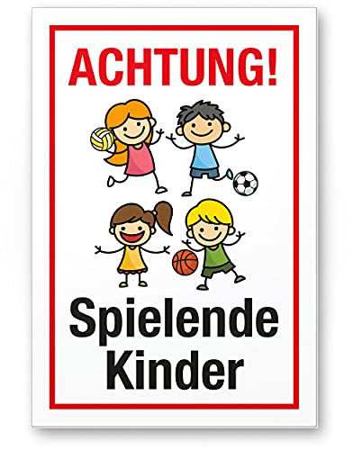 Komma Security Achtung Spielende Kinder Schild 20 x 30 cm Hinweisschild Warnzeichen Warnschild langsam fahren Warnung Hinweis Spielstraße Spielplatz - Vorsicht spielende Kinder