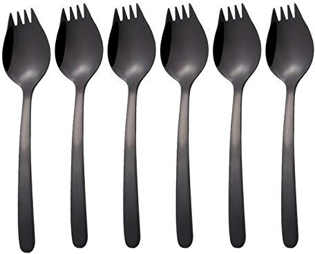 Mengbaobao Black Sporks Spoon Forks 6-pack Stainless Steel Long Handle for Fruit Appetizer Dessert Salad Forks Noodle Spoon 8.1 inch