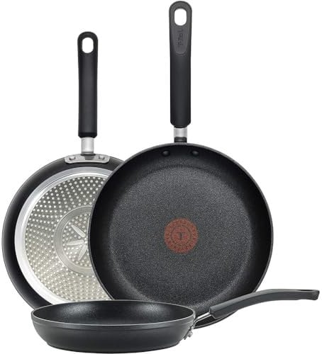 Tefal T-FAL E938S3 - Juego de utensilios de cocina profesionales antiadherentes con indicador de calor termo-punto, 3 piezas, 8, 10, 12 pulgadas, negro, aluminio
