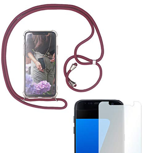 Eximmobile Handykette + Folie Schutzhülle kompatibel mit Samsung Galaxy A7 2018 Handyhülle mit Band Seil Bordeaux-Rot Schnur Case Umhängen Handytasche Umhängehülle Kette Kordel Silikoncase Tragen