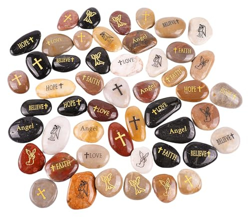 50 SCHUTZENGEL RockImpact Steine mit Schutzengel, Verschiedene Sprüche mit Kreuz, Gravierte Steine Gravur Inspirierende Steine Glücksbringer Dankbarkeit Geschenk Glückssteine (Großhandel, je 5-8 cm)