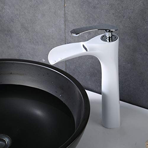 Robinet Lavabo Cascade Robinet Salle de Bain, Mitigeur Lavabo avec Haute Bec, Blanc & Chromé