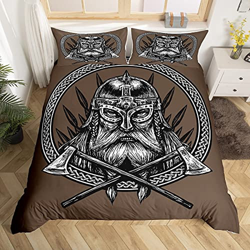 Loussiesd Altes Wikinger Bettwäscheset Vintage Exotisch Stamm Die Axt EIN Schwert EIN Speer Skandinavisches Logo Brauner Druck, Dekor Pirat Bettbezug mit 1 Kissenbezug Reißverschluss 155x220 cm