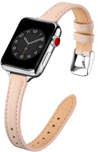 SUNFWR Compatible with Apple Watch Strap 42mm 44mm 45mm,Genuine Leather Strap Replacement,Slim&Thin Wristband for iwatch Series 7/6/5/4/3/2/1,SE(42mm 44mm 45mm,Pink sand&Silver)