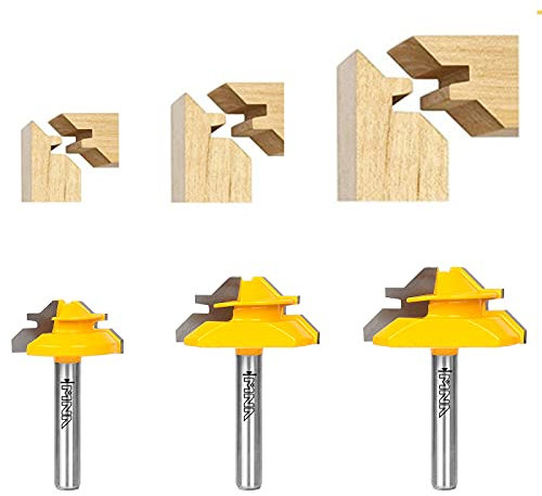MNA 45 Degree Lock Miter Router Bit 3-Piece Set, for 1/2”, 5/8”, 3/4” Cutting Height, 1/4 Inch Shank. Easy to Create Lock Miter Joint