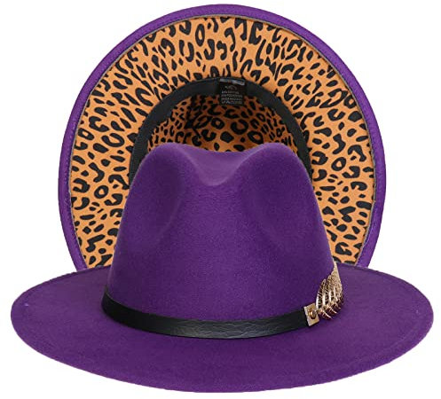 JK Home Womens Mens Classic 1920s Gatsby Fedora Hats, Patchwork Two Tone Wide Brim Panama Roaring Jazz Cap Purple/Leopard