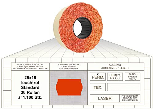 Preisauszeichner Etiketten 26x16 Standard leuchtrot 36 Rollen permanent Preisetiketten für Printex Tovel Meto Blitz Print Jolly Avery