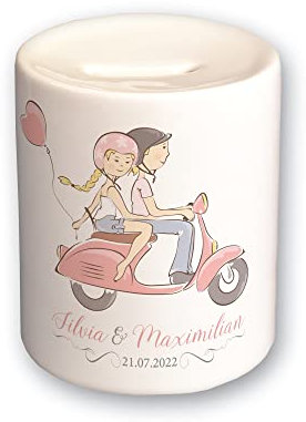 FEENSTAUB Personalisierte Hochzeit Spardose, Geldgeschenk zur Hochzeit originelle Verpackung, Sparbüchse aus Keramik, Hochzeitsgeschenk mit Namen und Datum, Brautpaar Geldgeschenk, Sparschwein Vespa