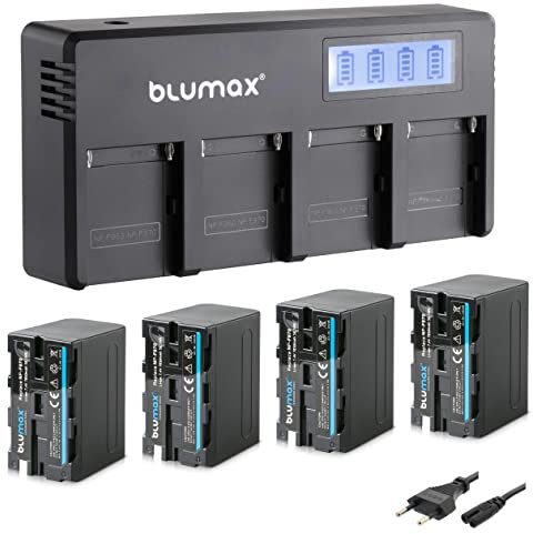 Blumax 4X Akku NP-F970 / NP-F750-7850mAh LG Zellen + LCD 4-Kanal Schnell-Ladegerät | kompatibel mit Sony NP-F990 NP-F960 für Blitzgeräte Videoleuchten Fieldmonitore