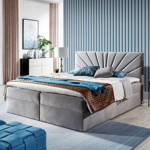 Boxspringbett Doppelbett TEO - Bett mit Bonellmatratze, mit Bettkasten für Bettwäsche und Topper. Gepolsterte Kopfstütze in 3 verschiedenen Varianten (Grau, 160x200 TEO 2)