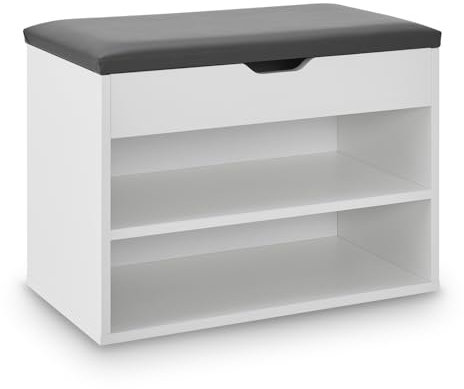 Juskys Schuhregal mit Klappdeckel und gepolstertem Sitz 60x30x44 cm - Schmale Sitzbank aus Holz mit Schuhablage und Polster - schneller Aufbau - Weiß