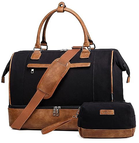 Reisetasche Groß, VASCHY Reisetaschen Handgepäck Sporttasche Damen Herren 17 Zoll Weekender Duffel Bag mit Trolley-Hülle/Schuhfach/Kosmetiktasche für Reisen, Fitnessstudio Schwarz Braun