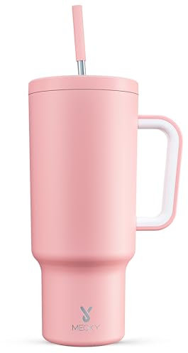 Meoky 40 oz Tumbler with Handle and Straw, Tumbler with Lid and Straw, Insulated Stainless Steel Travel Mug, 100% Leak-proof, Keeps Cold for 34 Hours or Hot for 10 Hours (Blush)