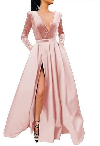 HPPEE Robe d'invité de mariage à manches longues et col en V élégante longueur au sol une ligne de robe de soirée pour juniors, rose poudré, 40