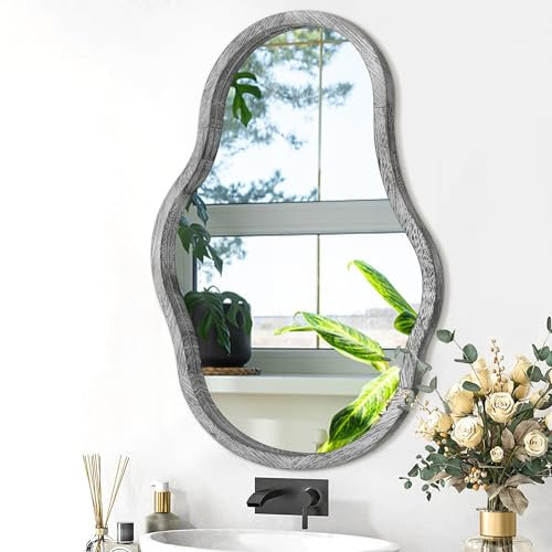 Lzuso Unregelmäßiger Wandspiegel groß gewellter Spiegel moderner Holzrahmen einzigartige asymmetrischer Wand-Waschtisch künstlerische Spiegeldekoration für Wohnzimmer Schlafzimmer Badezimmer Schwarz