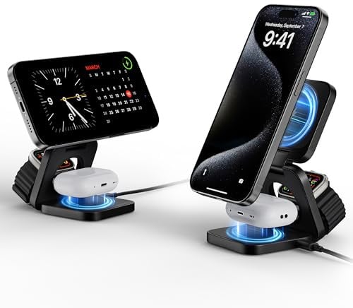 LULULOOK Aluminium 3 in 1 Ladestation Apple Watch und iPhone, Faltbar Kabelloses Ladestation für iPhone 16/15/14 Serie, 5W Reisen Schnelles Aufladen für Apple Watch AirPods, Mehrere Geräte (Schwarz)