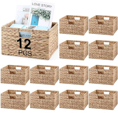 Jinei 12 Pcs Wicker Storage Basket Bulk Handwoven Water Hyacinth Cube Bin with Handles Woven Laundry for Organizer Shelves(13 x 13 x 8 Inch,Wood Color)