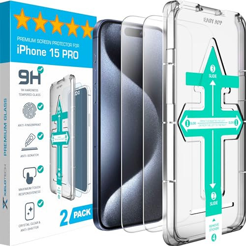 XeloTech Schutzglas für iPhone 15 Pro - 100% [2 Stück] aus 10H Panzerglas Ultra klar - Auto Installation Anti-Fingerabdruck