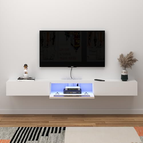 Pmnianhua Meuble TV Suspendu, Etagere TV Murale, Meuble TV Suspendu Bois Etagere avec Porte vitrée et 2 tiroirs, Murale Flottante TV Meuble Etagere TV Support, Meuble TV Flottant (160cm)
