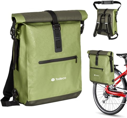 Todeco 3 in1 Fahrradtasche (20L) mit Rucksack-Funktion & Laptoptasche, 100% wasserdichte Gepäckträgertasche aus TPU, Rucksack und Umhängetasche, Gepäckträgertasche, Doppeltasche, Olivgrün