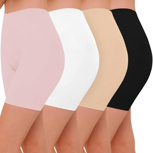 AURUZA Lot de 4 Short Leggings Sport Femme sous Jupe ou Robe Anti-frottement Pantalons de Cyclisme pour Femme Legging Court sans Couture Boxer Short Sécurité (Noir Blanc Nude Rose, XXL)